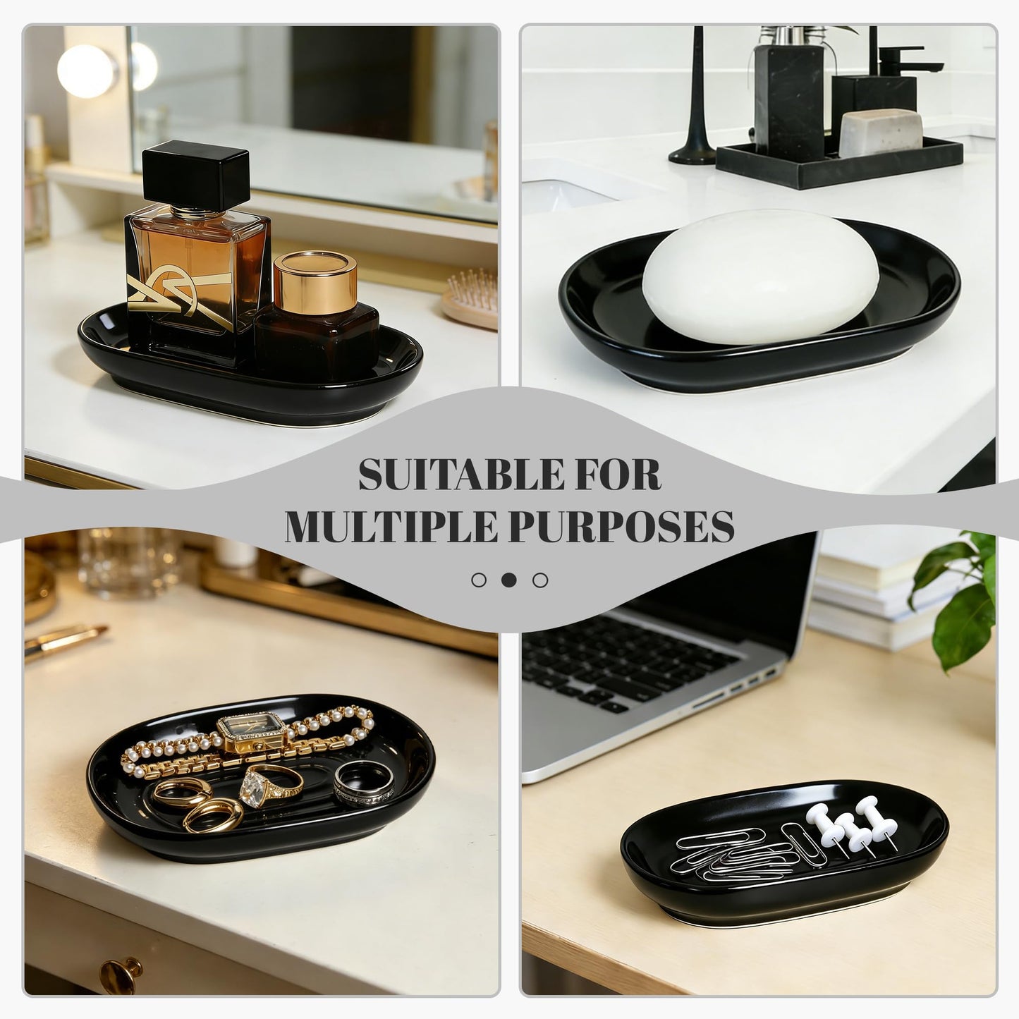 Cbrytacs Ceramic Soap Dish,with Raised Center to Keep Soap Dry - A Quick-Drying Soap Tray for Bathroom, Shower & Kitchen Sink, Decorative Organizer for Jewelry, Sponges, Keys (Black)
