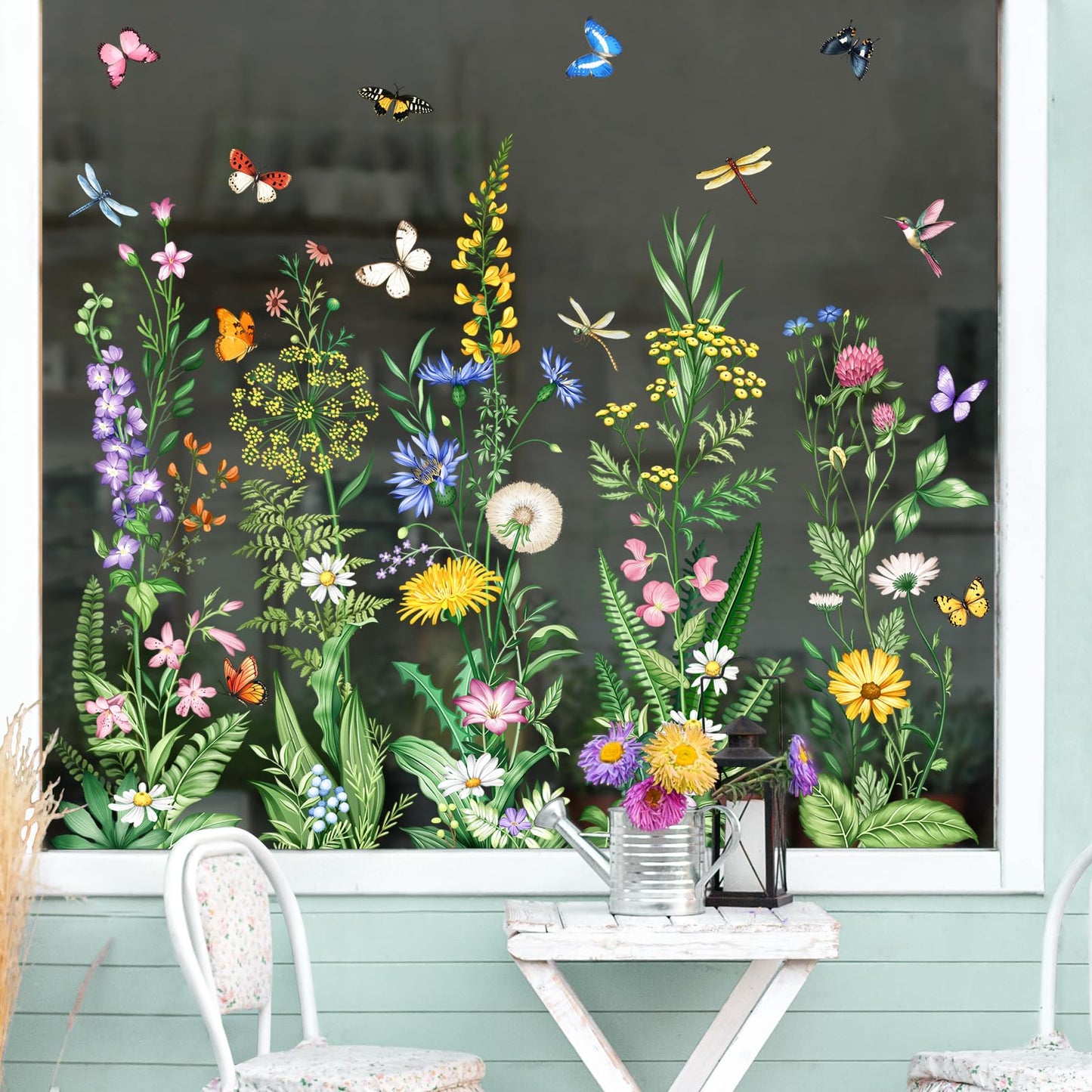 Tanlaby Wild Flower Window Clings Spring Floral Grass Wildflower Window Stickers with Butterfly Green Plant Static Window Decals for Home Glass Doors Decor
