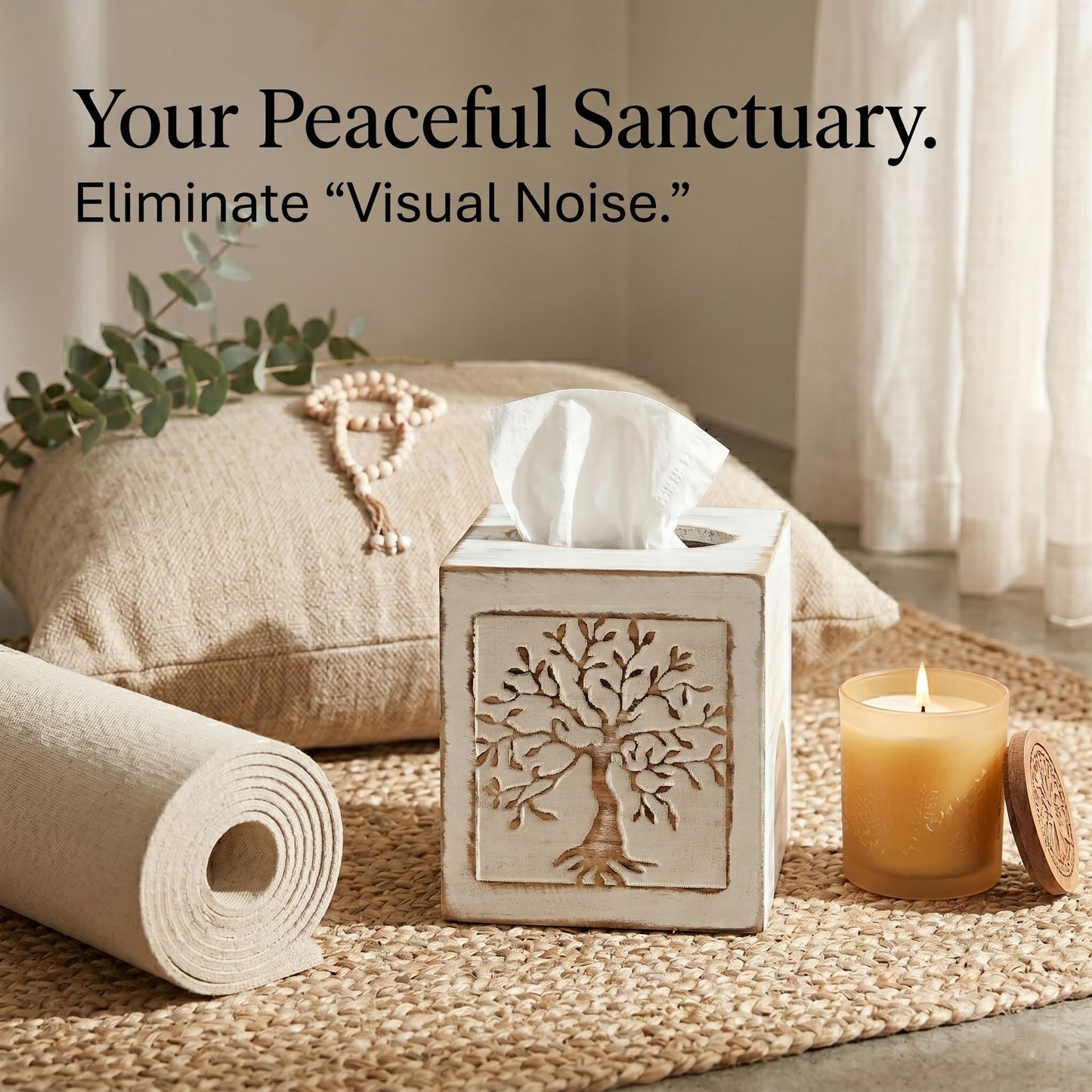 SwallowLiving Wooden Tissue Box Cover Square - Weighted Farmhouse Facial Tissue Holder with Sliding Bottom - Distressed White Tree of Life Dispenser for Bathroom Vanity, Bedroom & Living Room Decor