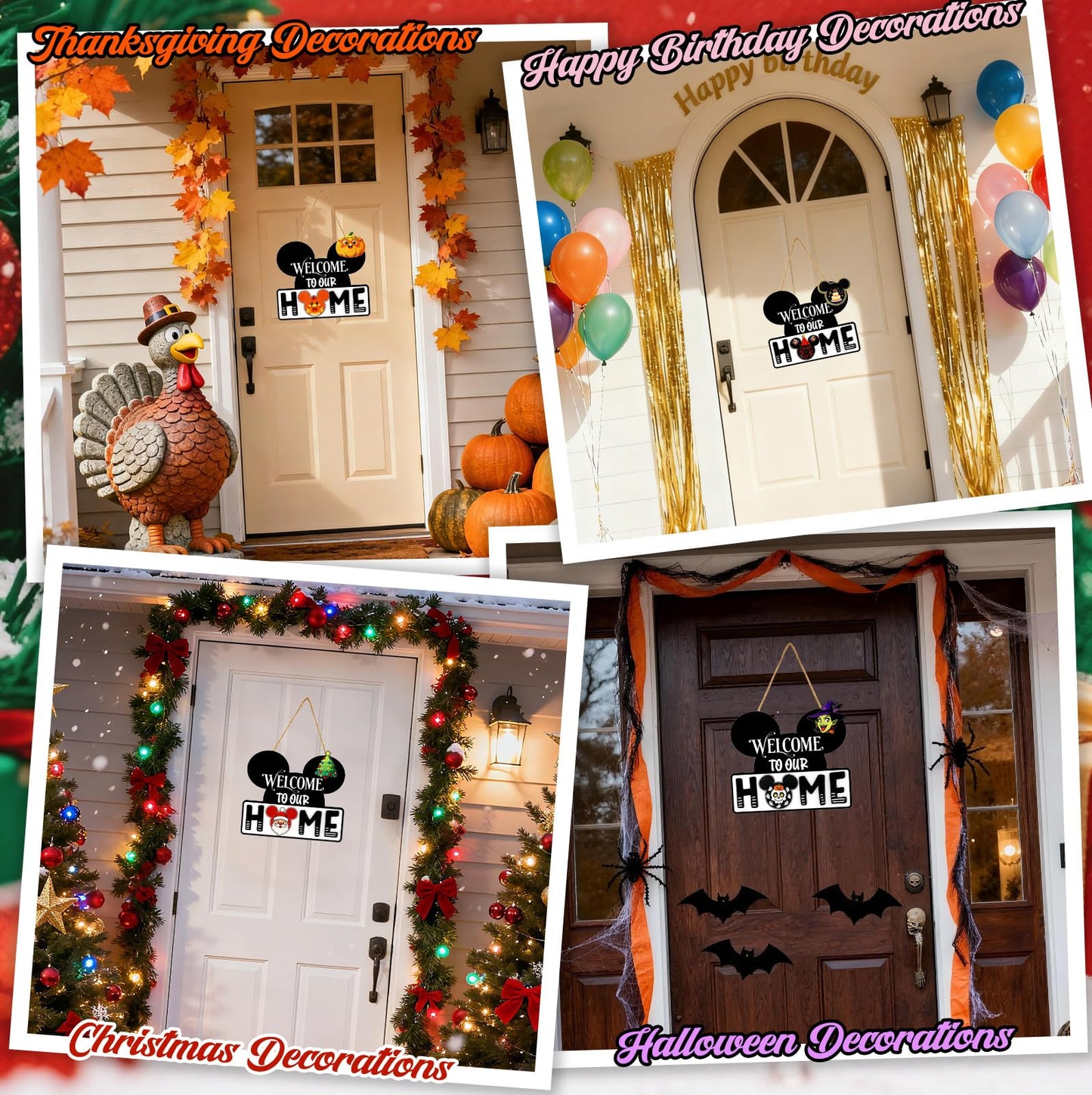 Mouse Home Decor, Interchangeable Seasonal Welcome Sign with 22PCS Interchangeable Holiday Pieces for Spring Summer Fall All Seasons Holiday Halloween Christmas