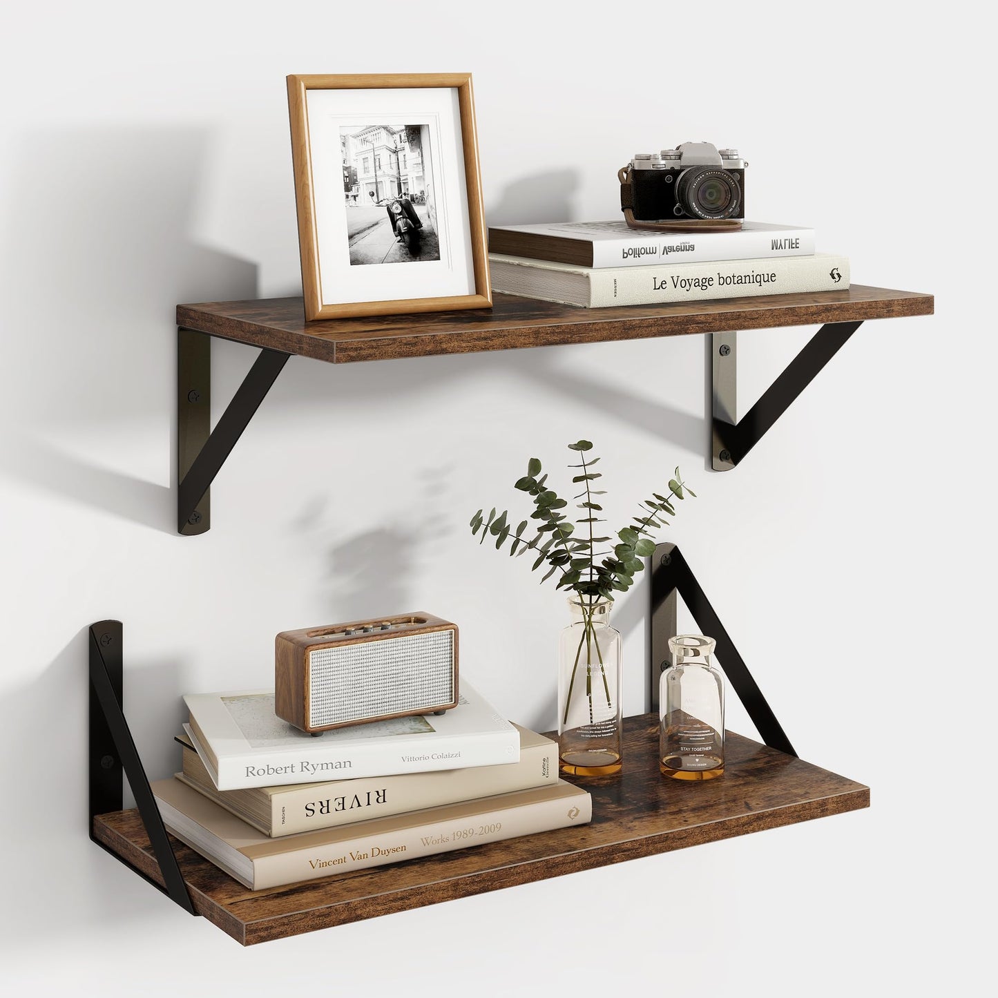 Axeman Floating Shelves for Wall, 8 Inch Deep Brown Wall Shelves Set of 2, 16''W x 8''D Rustic Brown Wood Shelves for Bookshelf Living Room Bedroom Home Office Bathroom