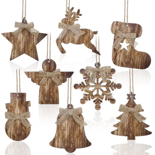 Lineshading 8 Pcs Rustic Christmas Tree Ornaments Wooden Farmhouse Christmas Ornaments Angle Snowflake Reindeer Tree Hanging Decor for Xmas Home Office Fireplace Winter (Brown,4.3 x 3.9 Inches)