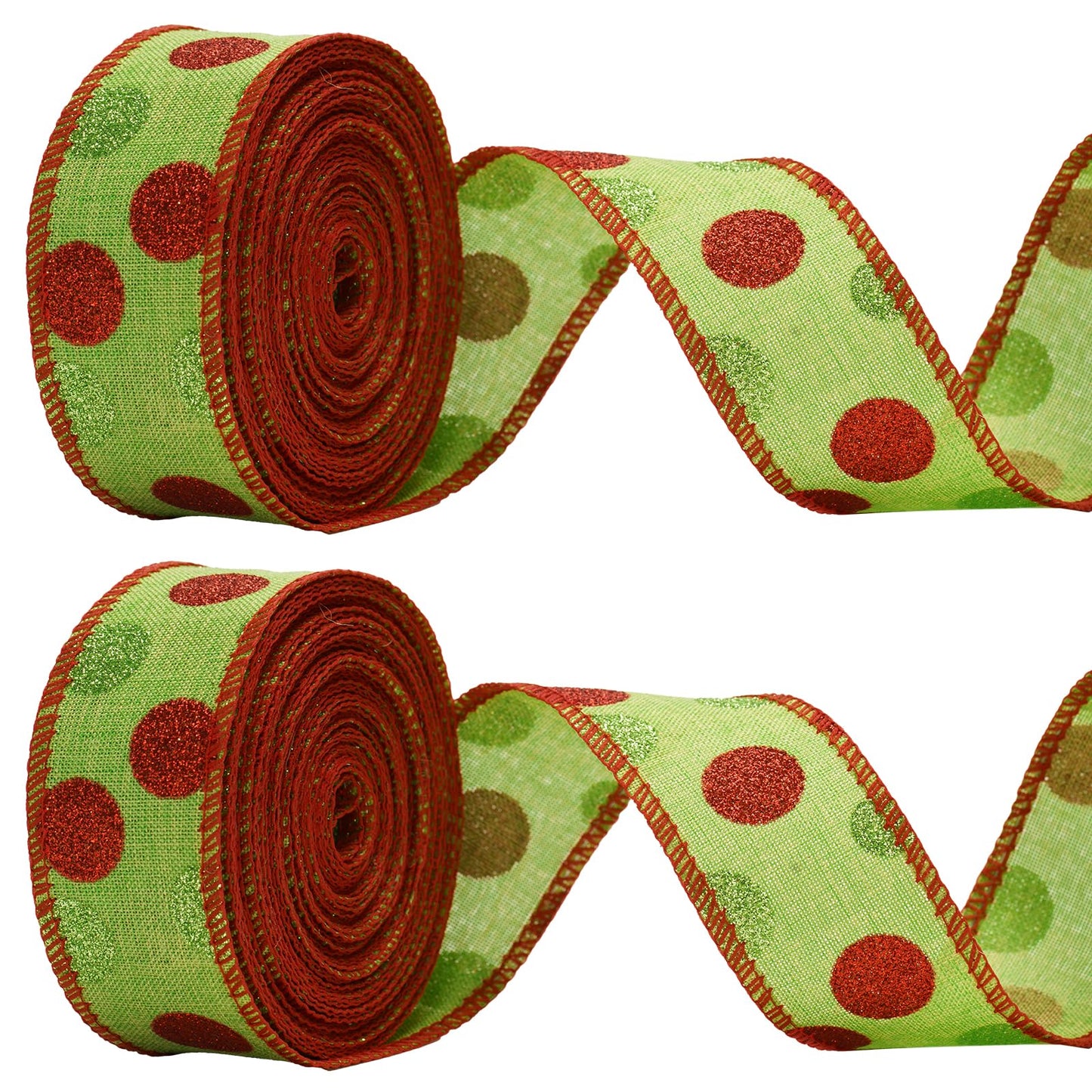 Christmas Wired Ribbon 22 Yards 1.5 Inch Christmas Red Green Dots Ribbon 2 Rolls Glitter Polka Dots Burlap Ribbon for Christmas Decoration, DIY Crafts (Green)