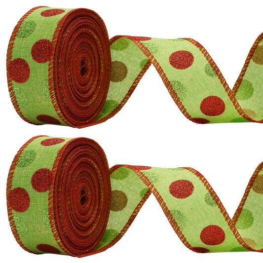 Christmas Wired Ribbon 22 Yards 1.5 Inch Christmas Red Green Dots Ribbon 2 Rolls Glitter Polka Dots Burlap Ribbon for Christmas Decoration, DIY Crafts (Green)