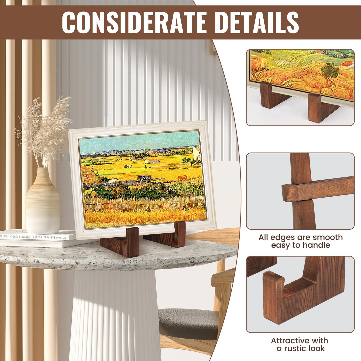 DEBETOOL Wooden Plate Stand - 8.8inch Wood Plate Holder Stand for Display, Rustic Wooden Picture Frame Holder Stand, Decorative Table Top Easels for Display