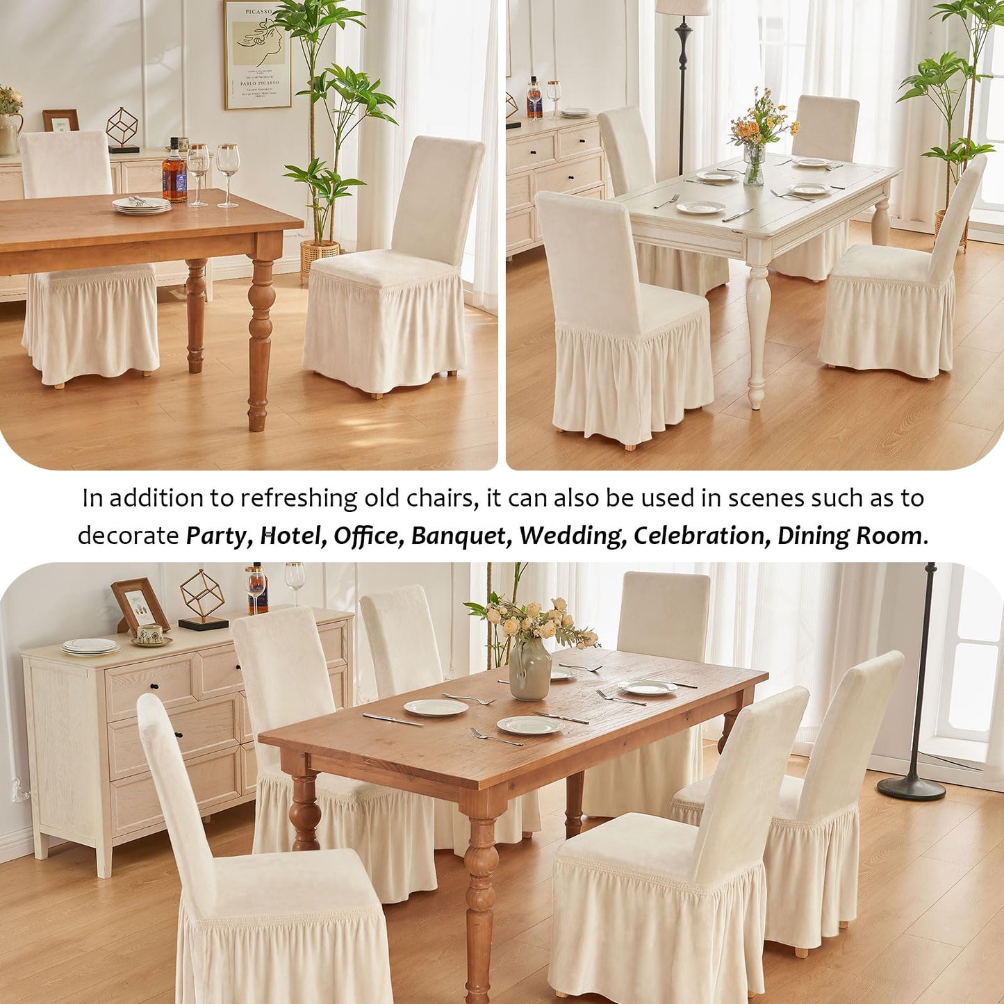 NICEEC Spandex Chair Covers for Dining Chairs Covers Set of 2 Removable Dining Room Chair Covers with Skirt Parson Chair Slipcovers Washable Chair Protector for Kitchen Wedding Party Banquet(Beige)