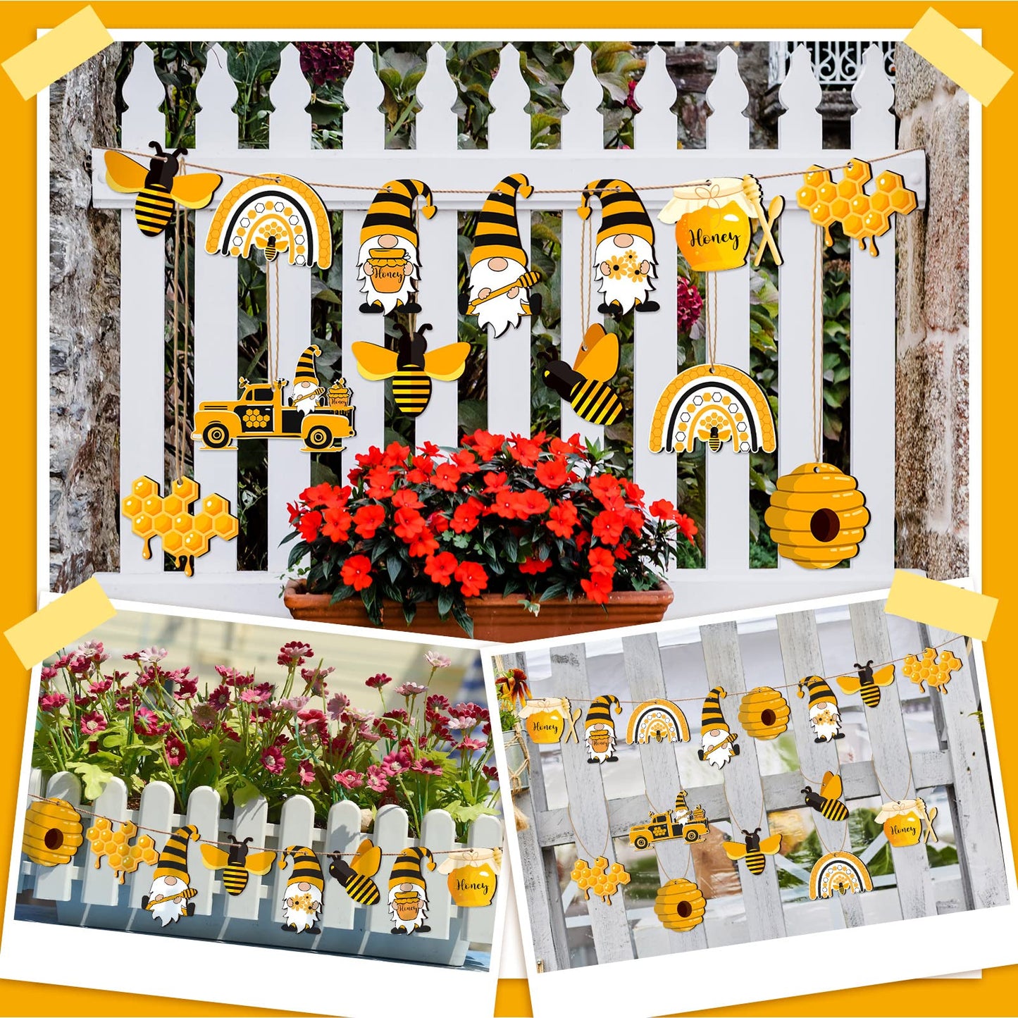 Karenhi 30 Pcs Bee Ornaments Bee Christmas Tree Decorations Spring Summer Wooden Hanging Ornament Honeybee Bumble Gnome with Rope for Small Trees Baby Shower Birthday Themed Party Favors Supplies