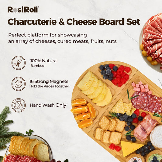 RosiRoli Charcuterie Board and Serving Set -Natural Bamboo Cheese Board Snack Tray Set with Magnetic - House Warming Gifts New Home, Wedding Gift for Couple, Bridal Shower Gift, Perfect for Party