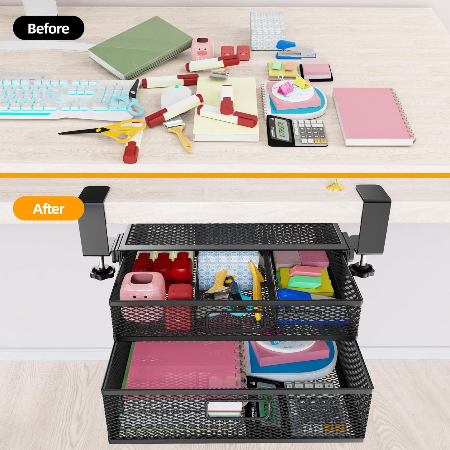 Cankm Under Desk Drawer Organizer No Drilling 2 Slide Out Drawer Under Desk Storage Drawer Clamp On Under Desk Management Drawer Organizer Suitable for Home and Office