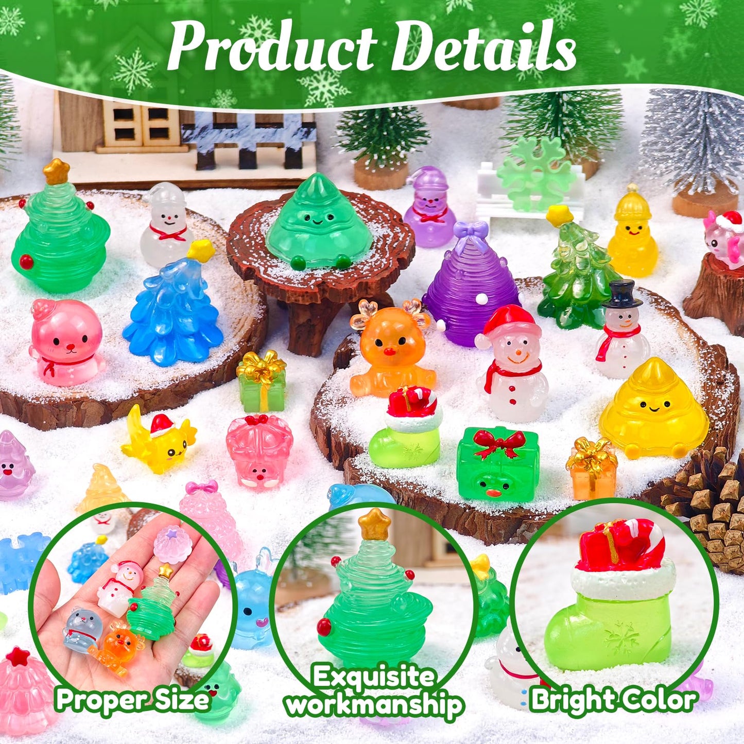 Feivando 52 Pcs Luminous Mini Christmas Figurines Glow in The Dark Tiny Little Resin Snowman Miniature Figures for Xmas Holiday Crafts Garden Micro Landscape Party Home Table Decor