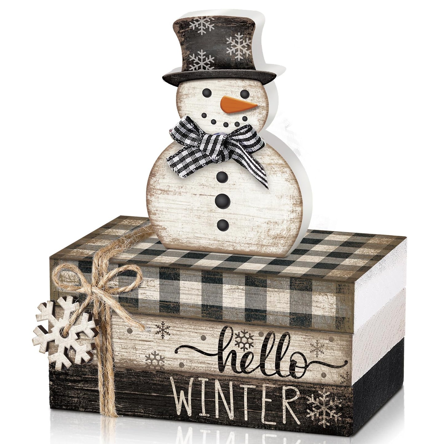 Anglechic 4 Pcs Winter Snowman Decor Hello Winter Table Decorations Christmas Tiered Tray Decor Centerpiece Indoor Rustic Wooden Snowman Block Sign Gift Farmhouse for Home Kitchen Shelf