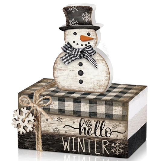 Anglechic 4 Pcs Winter Snowman Decor Hello Winter Table Decorations Christmas Tiered Tray Decor Centerpiece Indoor Rustic Wooden Snowman Block Sign Gift Farmhouse for Home Kitchen Shelf
