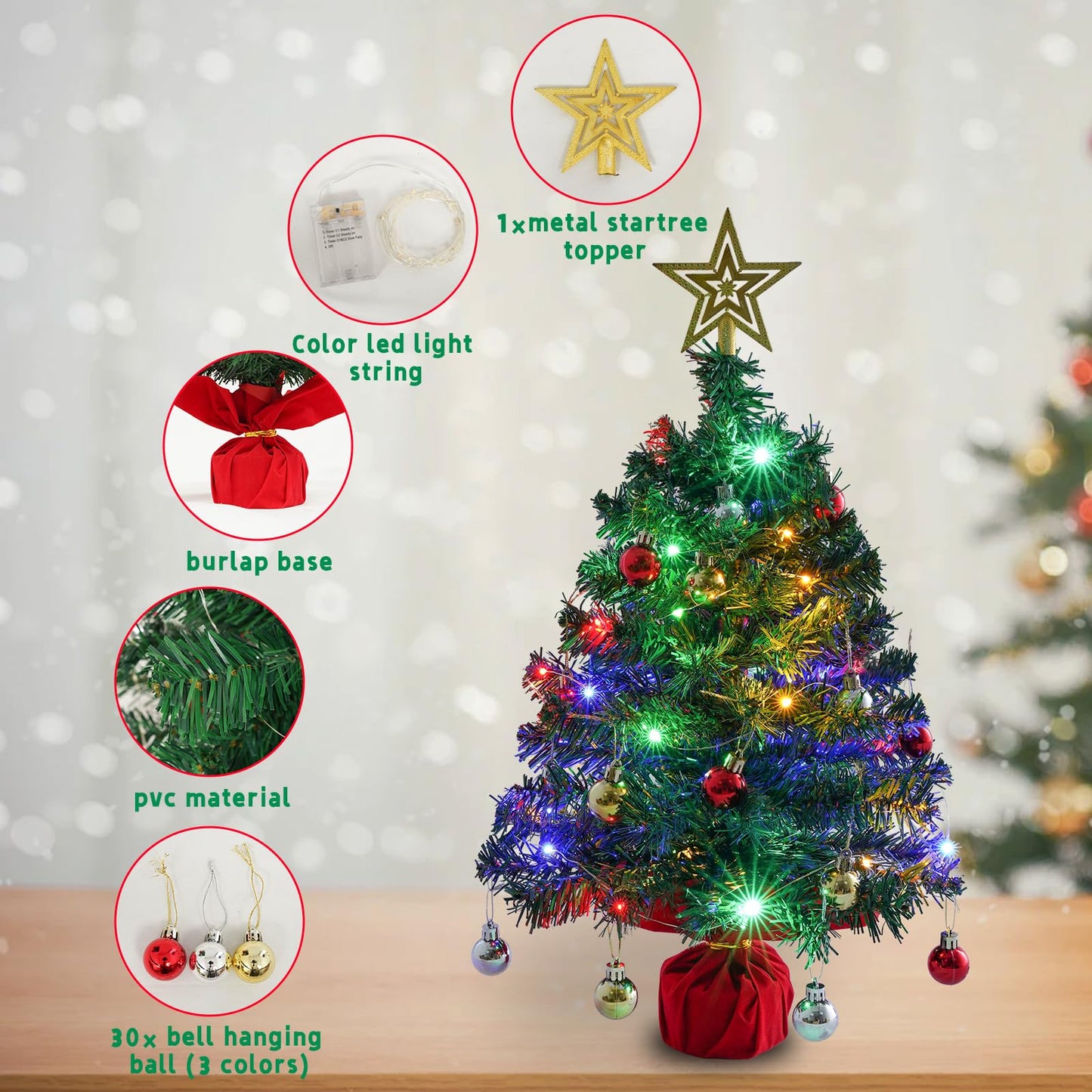 Mini Tabletop Christmas Tree with 30 LED String Lights, Star Top, Perfect for DIY Decoration 2ft