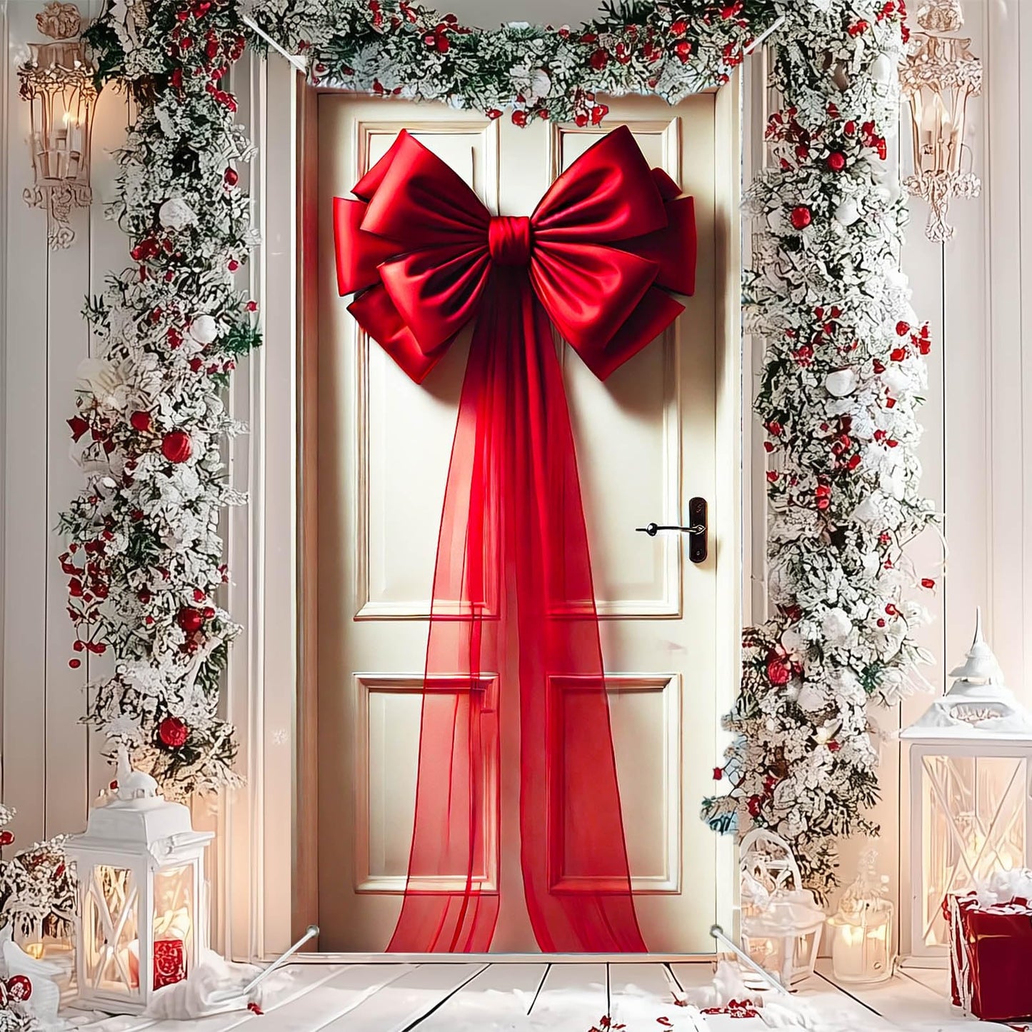 BlissYard Giant Red Bow Christmas Door Cover 35x71 Inch Holiday Entry Banner for Front Door Indoor Outdoor Winter Backdrop Wall Hanging Décor