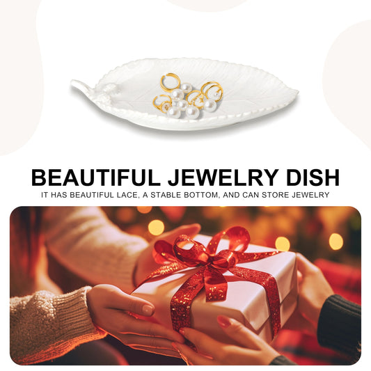Ceramic Jewelry Dish, Decorative Tray for Rings Earrings Necklaces Bracelet Watch Keys, 4.50" Trinket Tray as Gifts for Women (White Leaf)