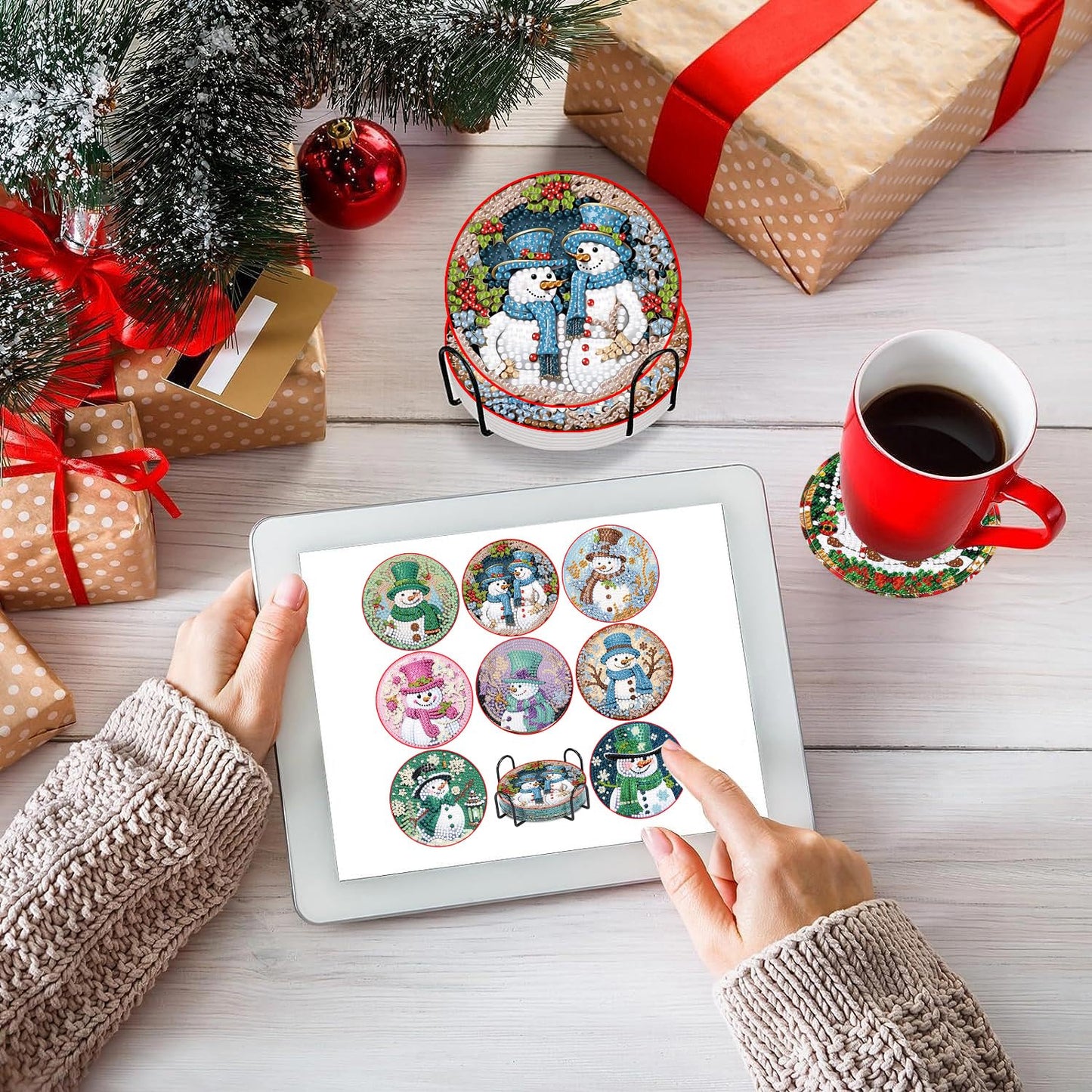 Apcufir 8 Pcs Christmas Diamond Painting Coasters Kits with Holder,DIY Snowman Diamond Art Coaster Kits for Adults & Kids,Paint with Diamonds Coasters Craft Supplies for Holiday Decor Gifts