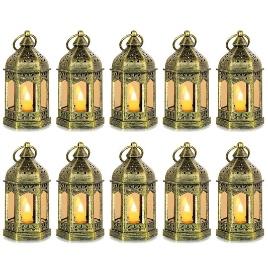Mini Lantern with Flickering LED Candles Set of 10, Hewory Gold Vintage Decorative Hanging Candle Lanterns for Halloween, Christmas, Wedding Decorations, Party, Table Centerpiece, Battery Included