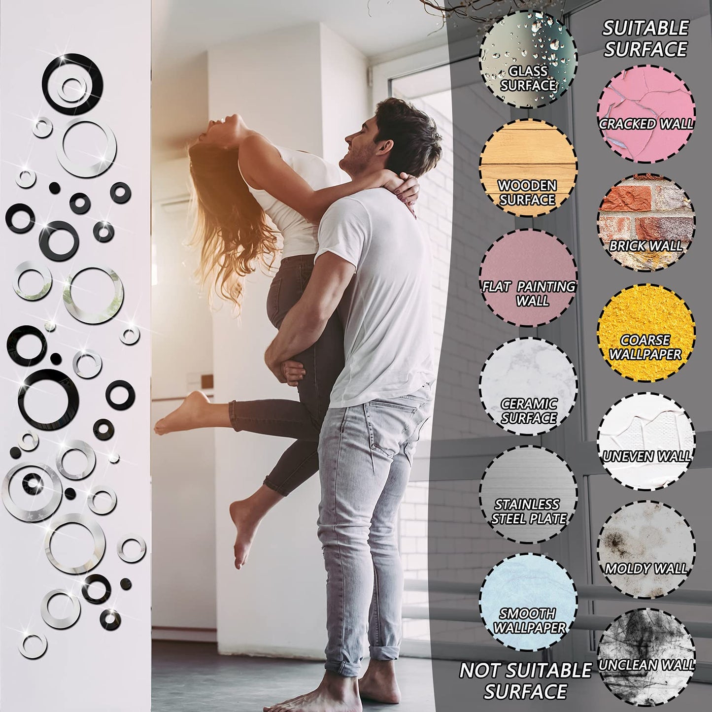Outus 72 Pieces Wall Stickers Decor Acrylic Circle Mirror Removable Black and Sliver Wall Decor Round Dots DIY Red Living Room Decals Modern Art Murals for Home Bathroom Bedroom Decoration