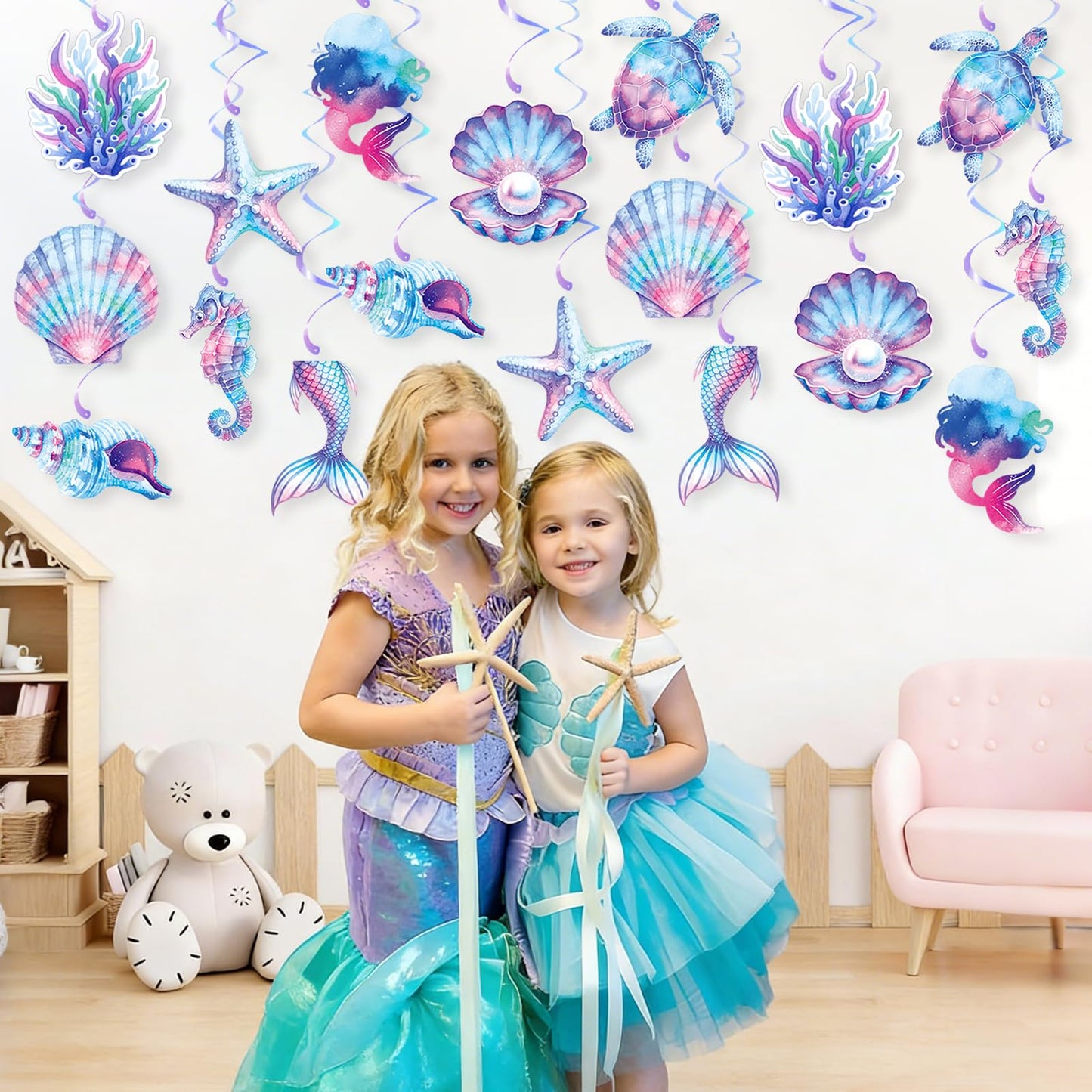 Mermaid Hanging Swirls, 36Pcs Mermaid Ceiling Streamers Sea Creature Hanging Decorations for Ocean Mermaids Theme Party Supplies