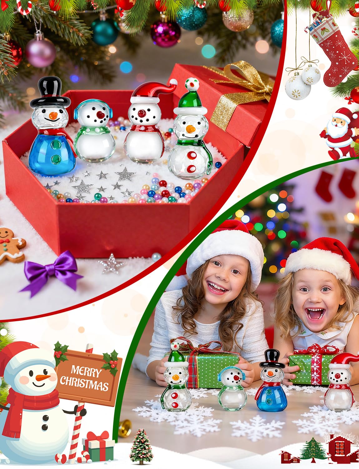 ALDMIO 4Pcs Blown Glass Snowman Decor, Mini Snowman Christmas Figurines Art Decorations for Home Festival Xmas Decoration