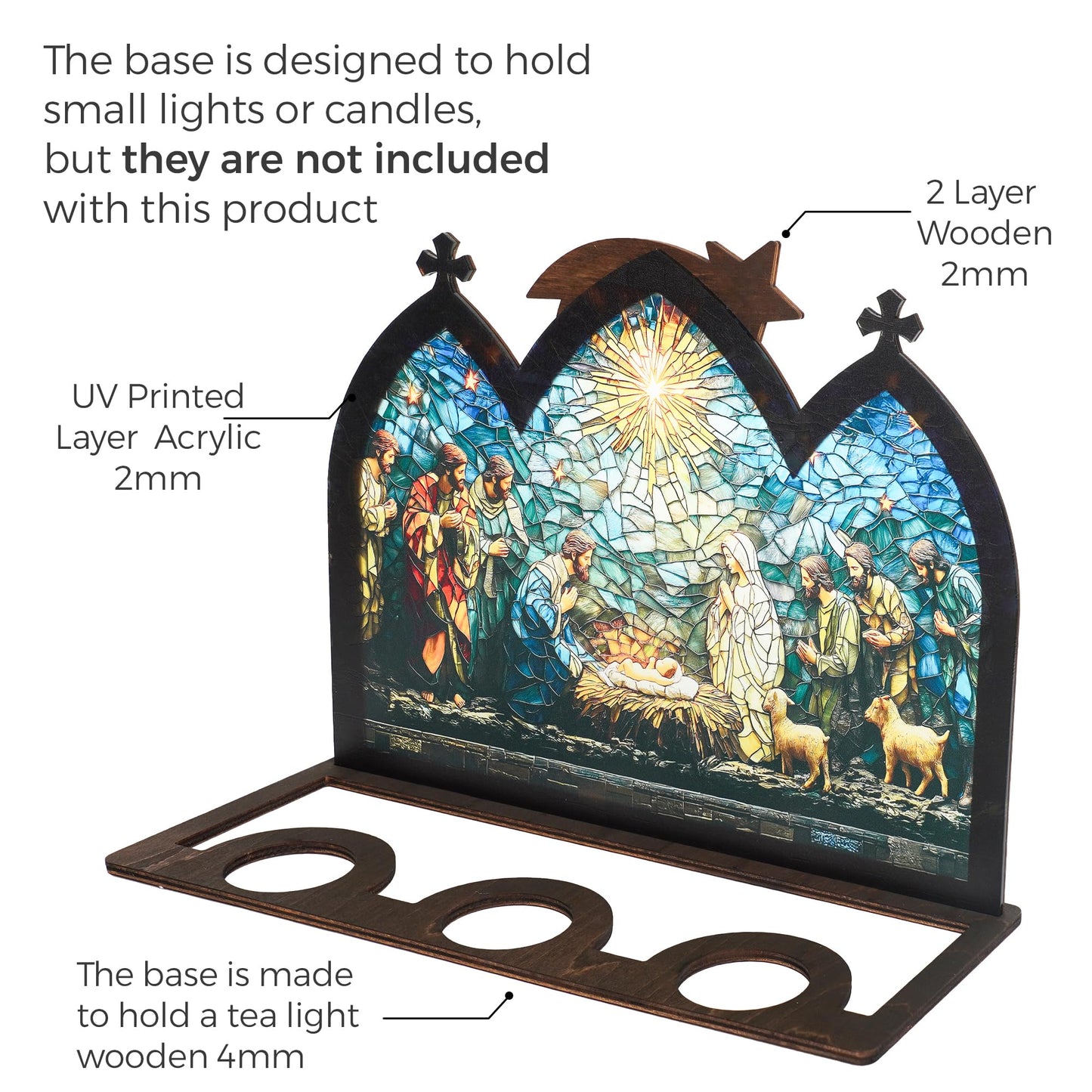 DINIZON Wooden Nativity Set, Wood Christmas Nativity Scene Set, Miniature Holy Family Figurines, Table Top Boho Christmas Jesus Decorations for Indoor Mantel Display, Miracle In A Manger Gift (Candle Holder)