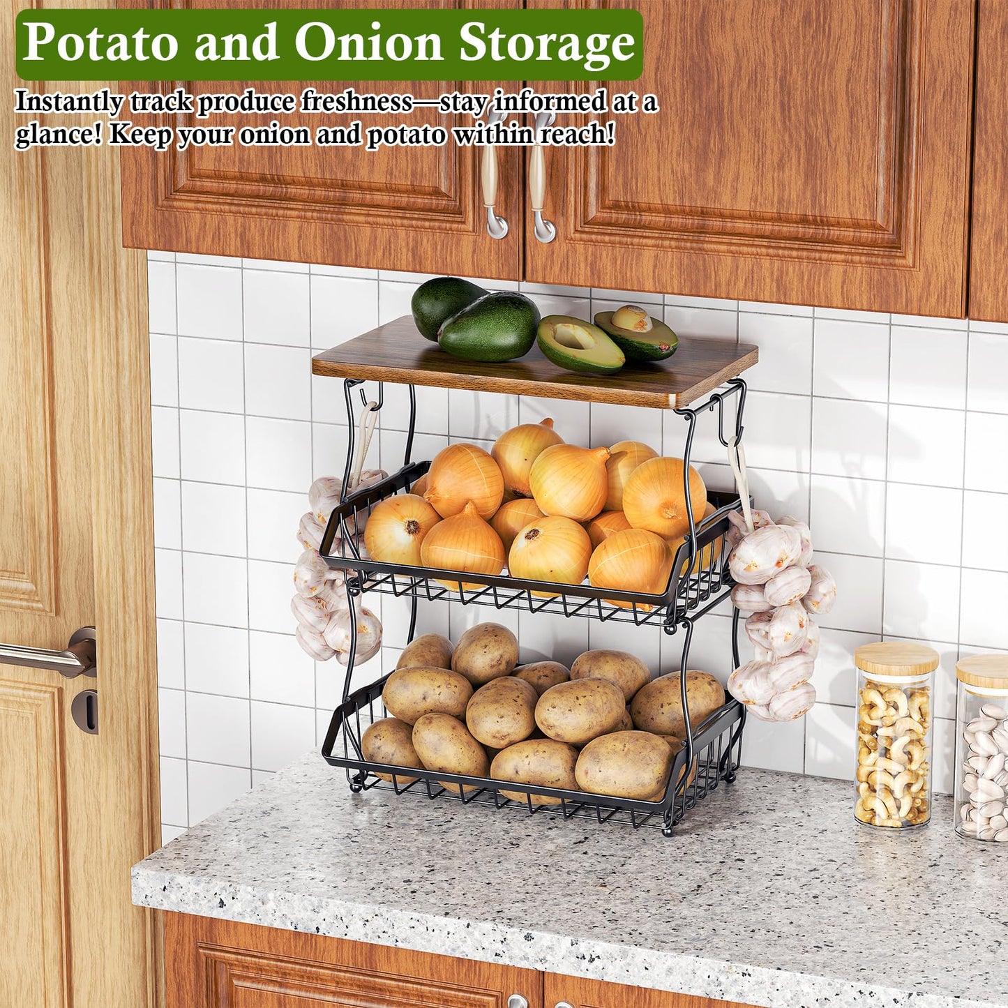 OKZEST 3-Tier Fruit Basket for Kitchen Counter with Banana Hangers, Countertop Organizer Fruit Bowls with Wood Top, Fruit Storage Basket Stand for Storage Potato Onion Bread Snack Fruit Veggie