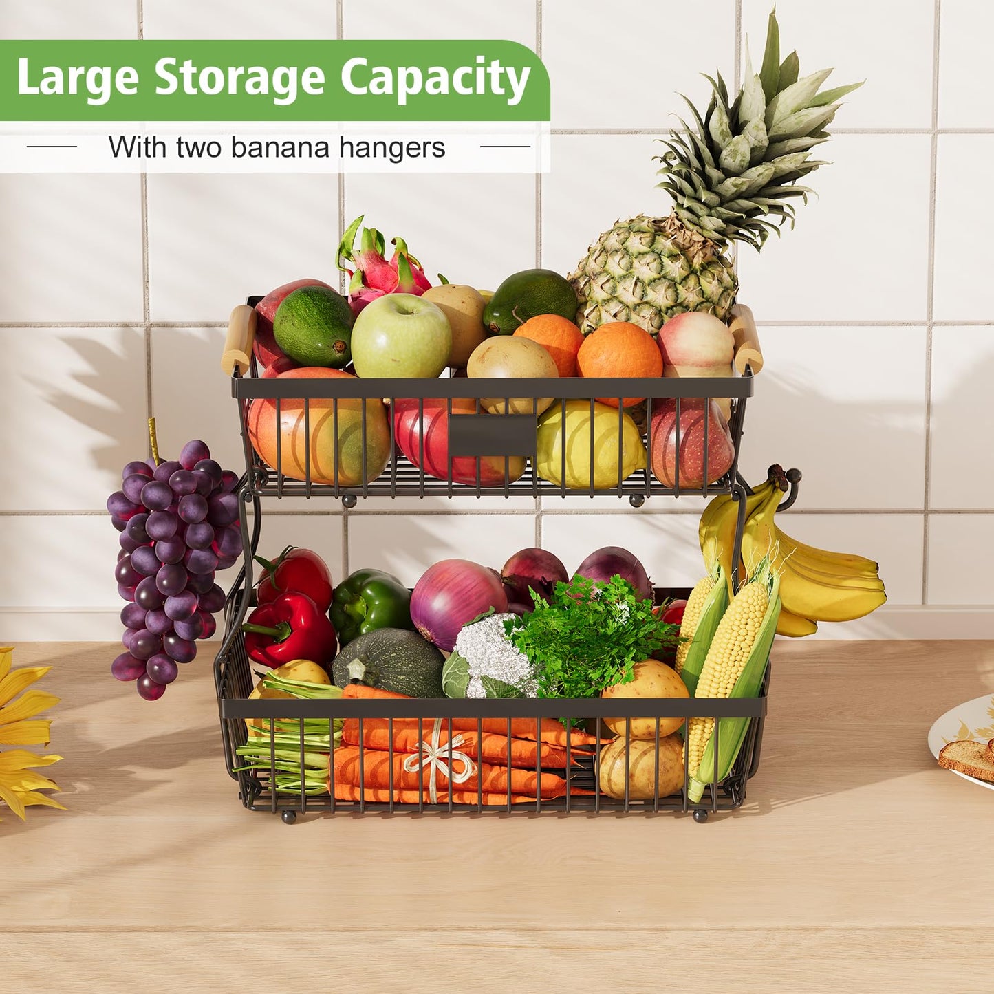 Astrorhine 2 Tier Fruit Basket for Kitchen Counter with 2 Banana Hangers, Countertop Metal Bread Basket with Wooden Handle, Large Storage Stand for Vegetables, Snacks, Eggs, Produce Storage – Black