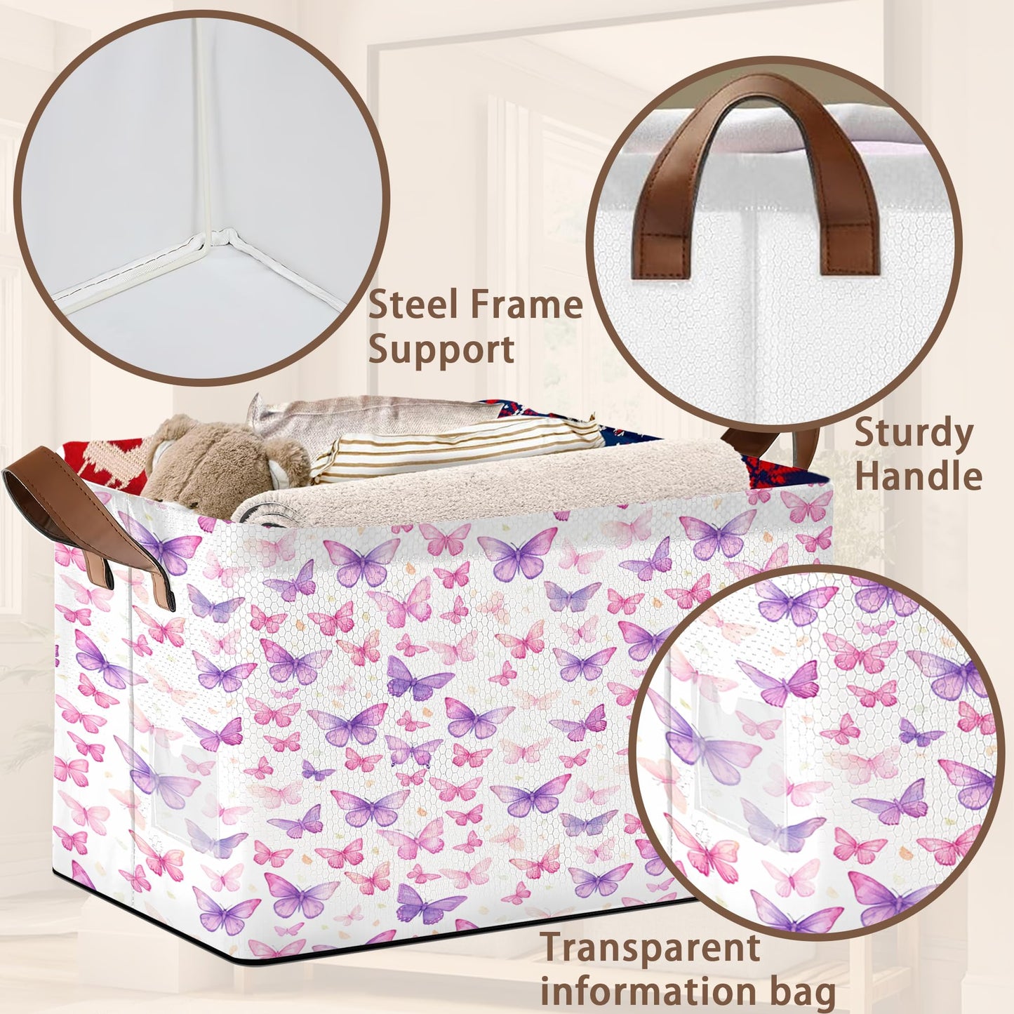 Purple Butterfly Pattern Collapsible Storage Box - 17x11.5x10.5 Inch Foldable Organizer for Closet, Toy Storage - Space-Saving Single Pack