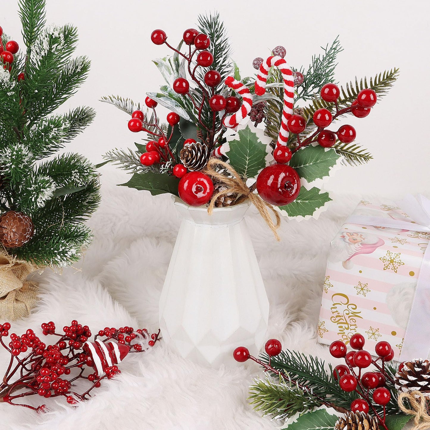 LOAVER 16 Pack Artificial Christmas Red Berry Picks Assorted Faux Pine Branches Spray with Pinecones Holly Stems for Xmas Tree Floral Arrangement Winter Wreath Gift Wrapping Decor