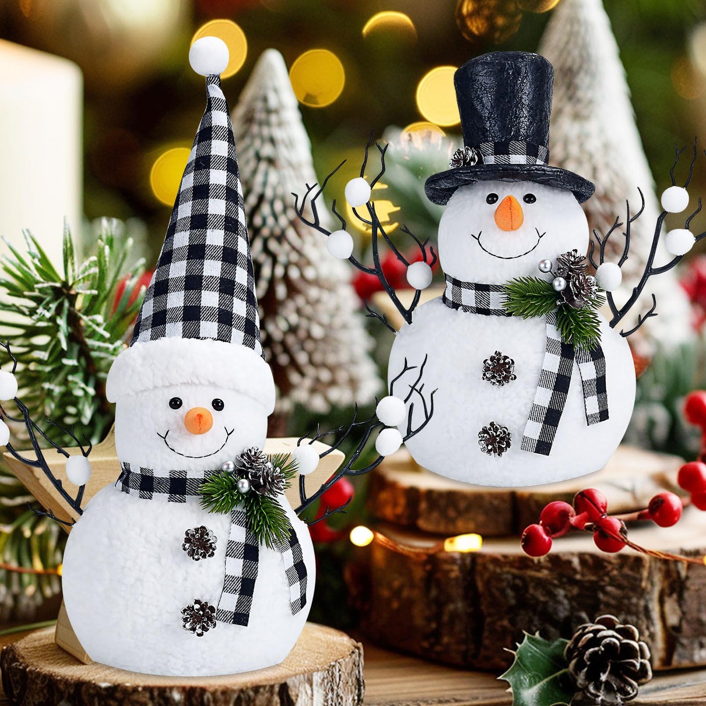 MWDJPXY 2 Pack Black and White Christmas Decor, 14" Lighted Snowmen Tree Buffalo Check Plaid Farmhouse Decorations, Table Centerpieces Rustic Gifts Tiered Tray Decor with for Christmas Party