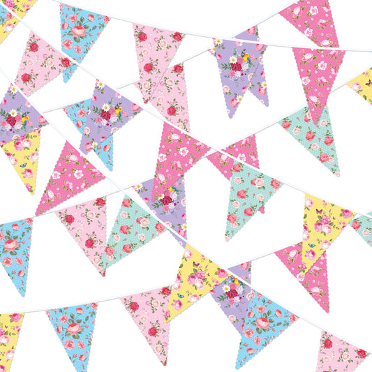 MARFOREVER 4 String Vintage Floral Triangle Bunting Banner, 39.4 Ft Wildflower Bunting Flags Flower Banners for Afternoon Tea Party Bridal Wedding Birthday Baby Shower Garden Outdoor Decorations