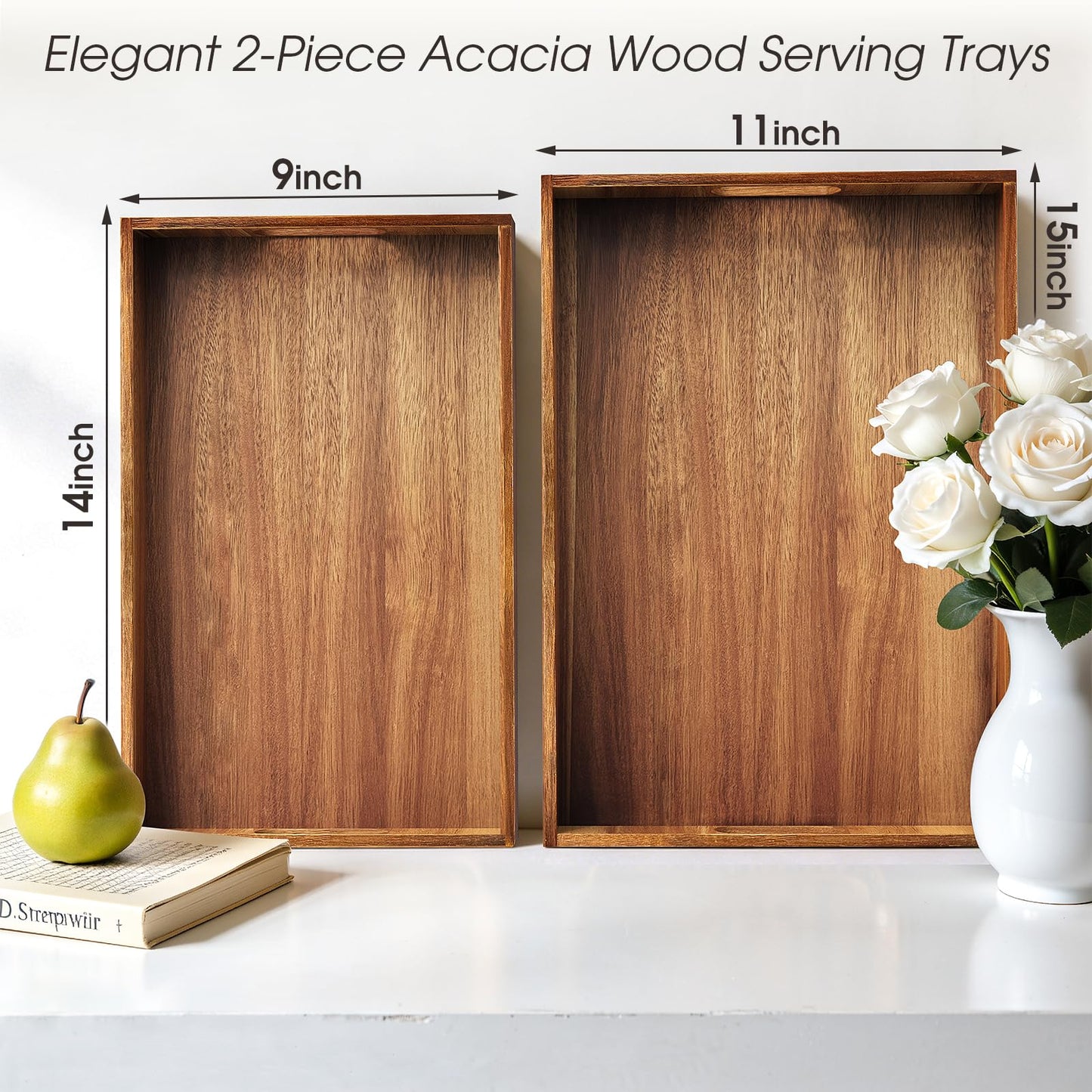 EdenDwell Acacia Serving Trays - 2 Pack, Acacia Wood Serving Platterss, Wood Serving Tray, Decorative Trays for Breakfast, Brunch, Dinner, Coffee Table, Party, Kitchen-M