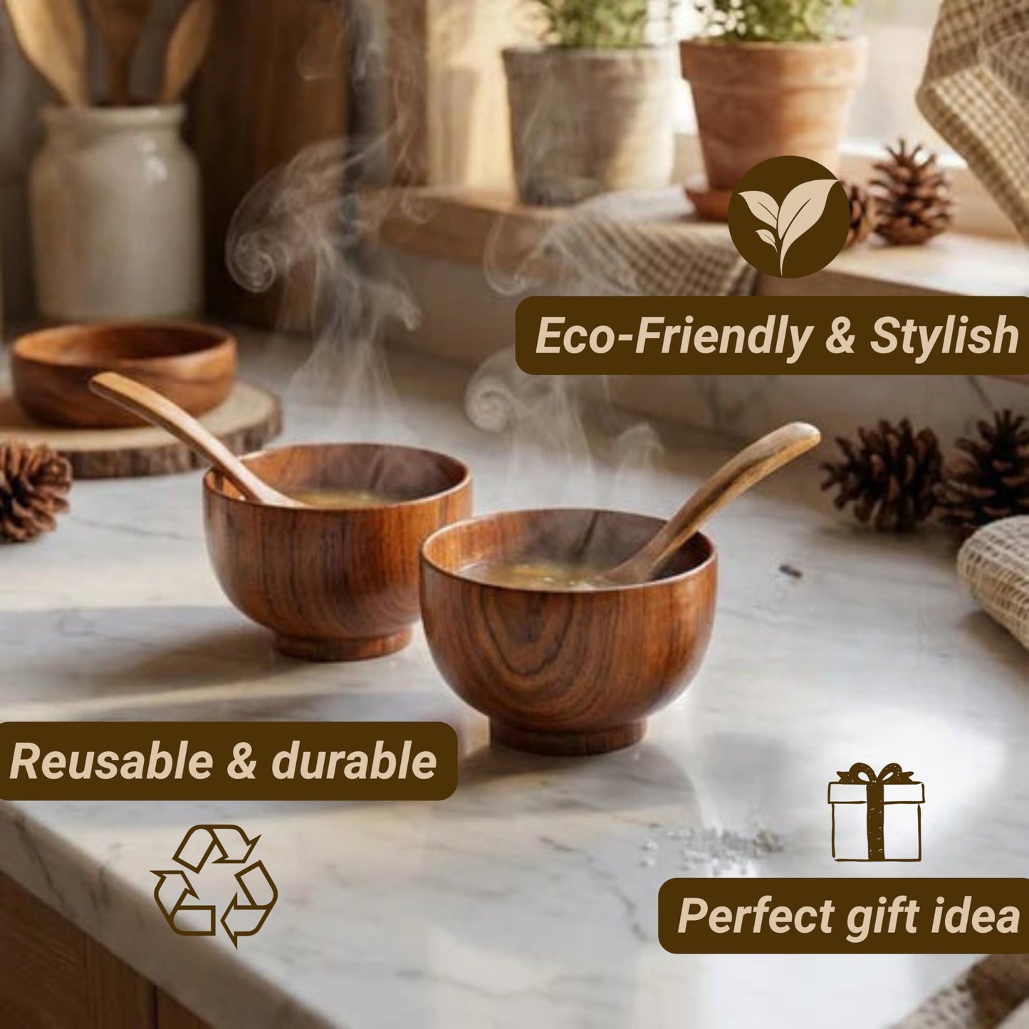 Komokey Wooden Bowl and Spoon Set of 4 - Japanese Style Natural Wood Soup Rice Salad Bowls with Spoons, Eco-Friendly Handcrafted Tableware, Housewarming Kitchen Gift