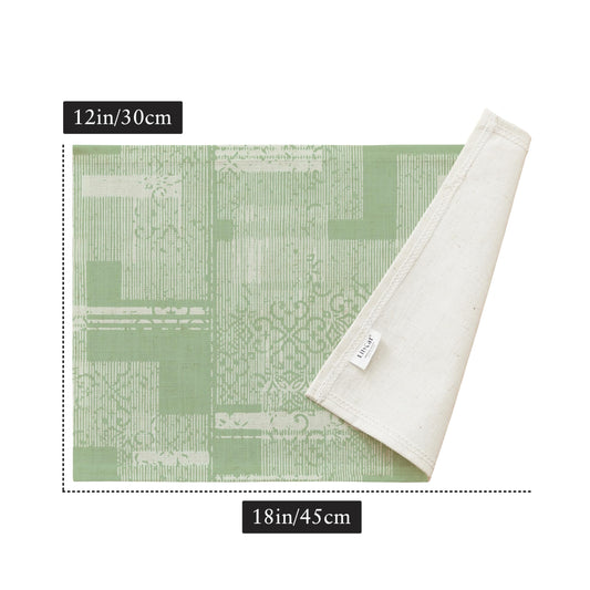 LilyCat Linen Fabric Floral Placemats, Green Stripes Durable Boho Dining Table Mats for Kitchen, Rustic Vintage Washable Place Mats Set of 4, 18’’× 12’’