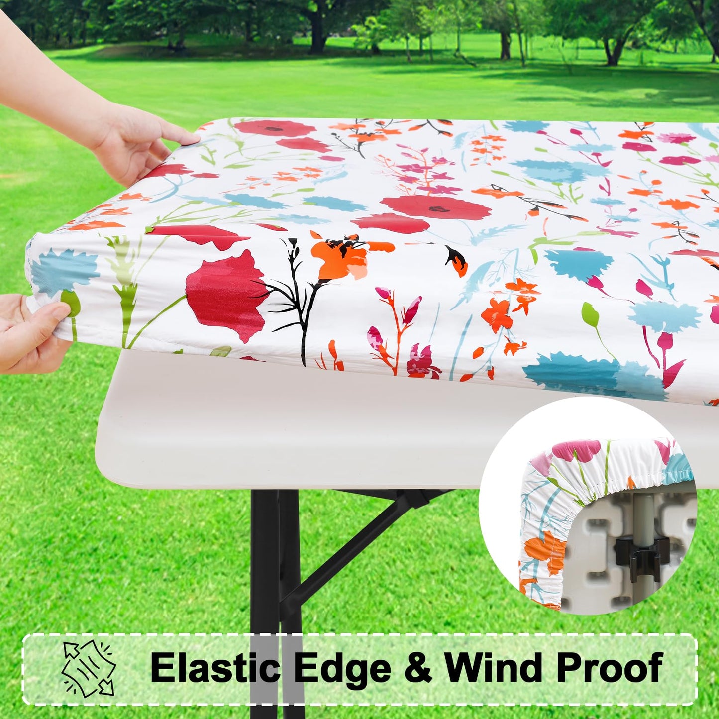 misaya Rectangle Vinyl Tablecloth, Fitted Table Cover, 100% Waterproof, Elastic Edge, Flannel Backing, Plastic Table Cloth Fit 6 Foot Folding Tables for Camping, Picnic, Outdoor (Flowers, 30x72 inch)