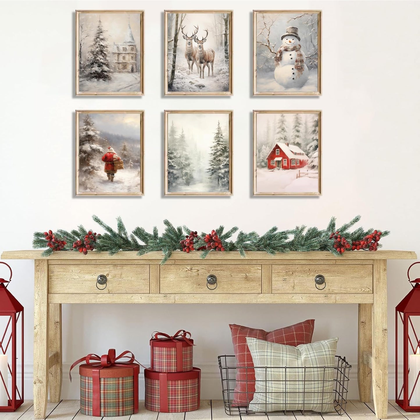 QBZWART Christmas Wall Art Set,6 Pieces 8x10 Inch Canvas Prints,Winter Holiday Theme with Tree,Snowman,Santa,Reindeer for Living Room,Farmhouse Decor,Unframed