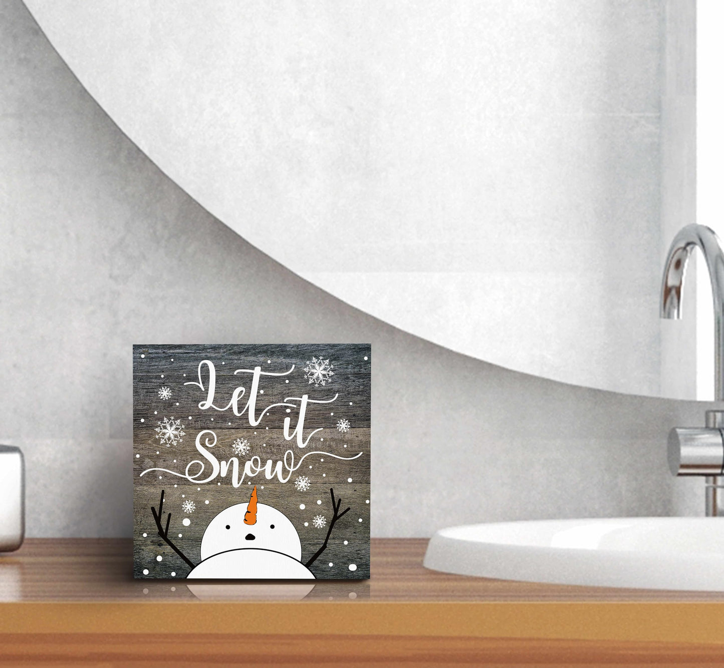 SRADMO Let It Snow Christmas Wooden Sign Desk Decor, Snowman Christmas Decor, Rustic Winter Snowflake Wood Block Signs for Home Office Xmas Party Holiday Desk Table Shelf Decorations, 5x5 Inches