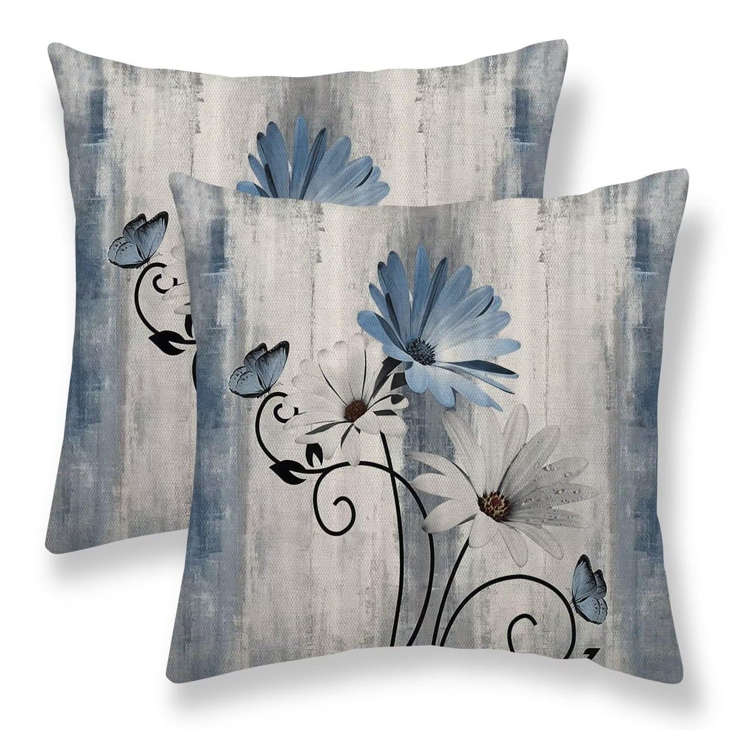 Sunshineyan Baby Blue Floral Pillow Covers 20 x 20 Inch Set of 2 Daisy Floral Butterfly Decorative Throw Pillow Covers Linen Rustic Farmhouse Cushion Cases for Home Sofa Couch Living Room Decor