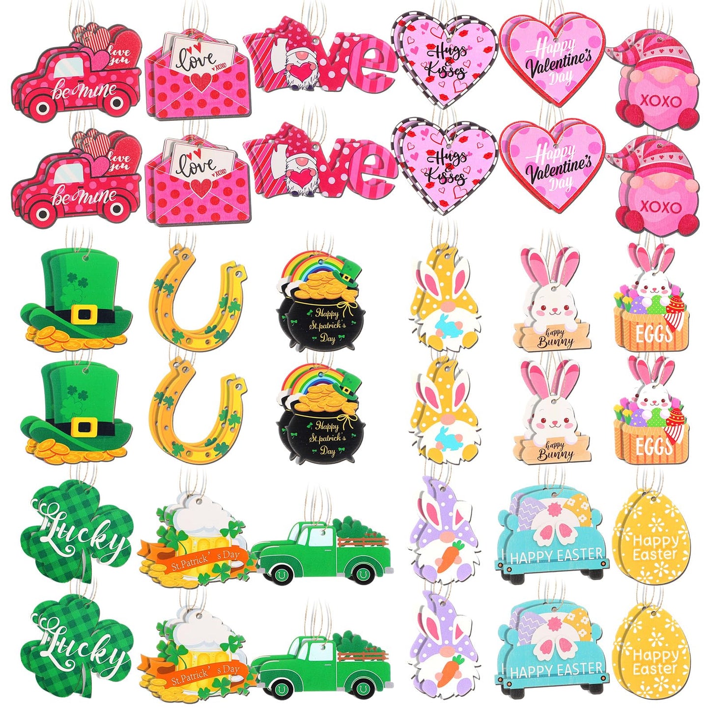 Jutom 108 Pcs Valentine's Day Wooden Tree Hanging Decorations St. Patrick's Day Easter Hanging Tree Ornament Bulk Holiday Wooden Decor for Seasonal Festive Party Favor Gift Supplies (Classic Style)