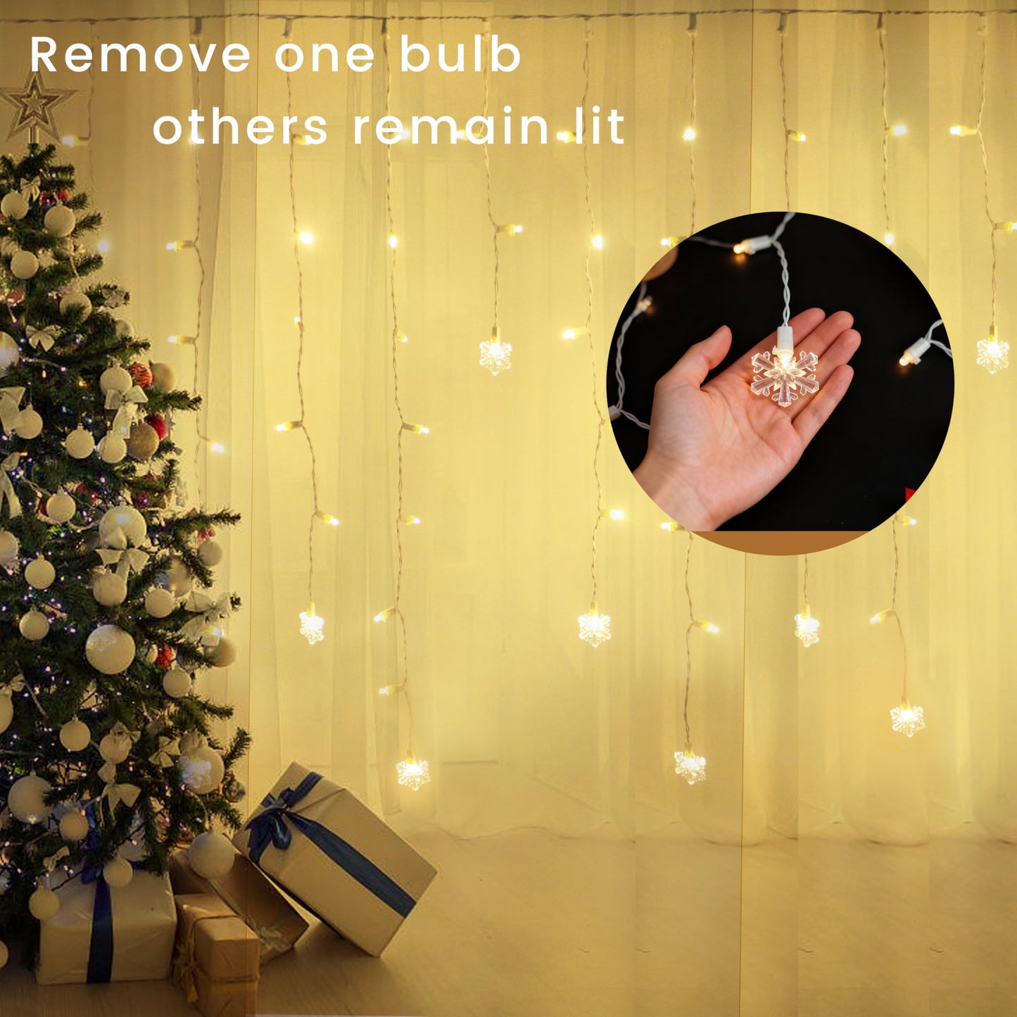 LitTerra Icicle Lights for Outside 180 LED 26.4ft 30 Drops Icicle Christmas Lights Outdoor Snowflake with 8 Mode Function Curtain String Lights Indoor for Patio Garden Bedroom (no Remote, 1)