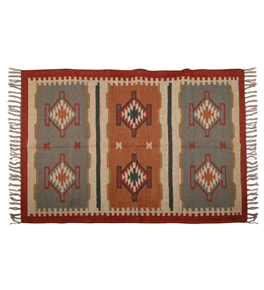 RugsJaipurIndia Geometric Kilim Rug Wool Jute Area Rug Kilim Dhurrie Handwoven Braided Entryway Runner Rug Farmhouse Kitchen Rug, Multicolor 3X5