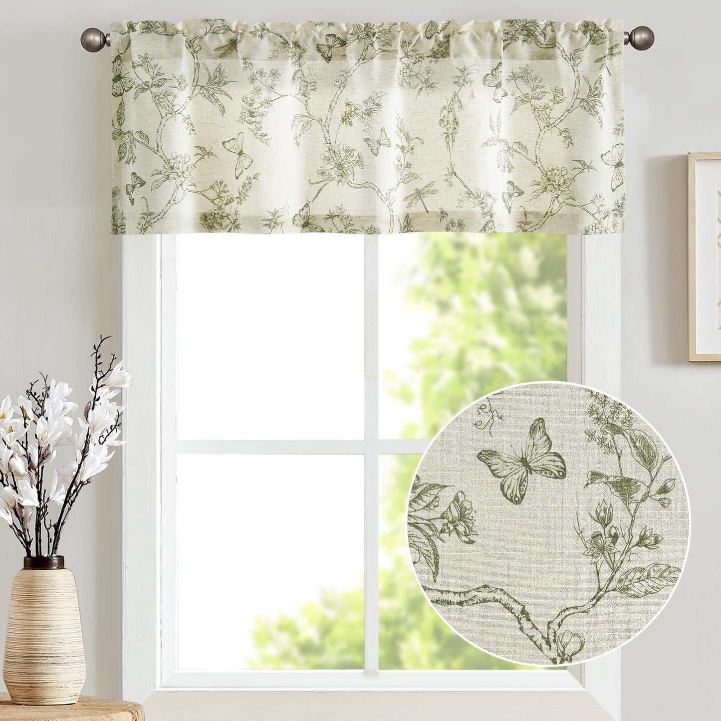 Lazzzy Green Floral Valance Curtain Linen Farmhouse Valance for Kitchen Living Room Bedroom Country Valances Window Treatments Small Window Cafe Curtain 16 Inch Rod Pocket 1 Panel Green on Beige