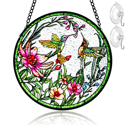 Remiawy Stained Glass Window Hanging Hummingbird Window Suncatcher 6 Inch Glass Panel with Metal Chain and Hooks Sun Catchers Indoor Wall Art Home Decor Gift for Bird Lovers Women Mother's Day