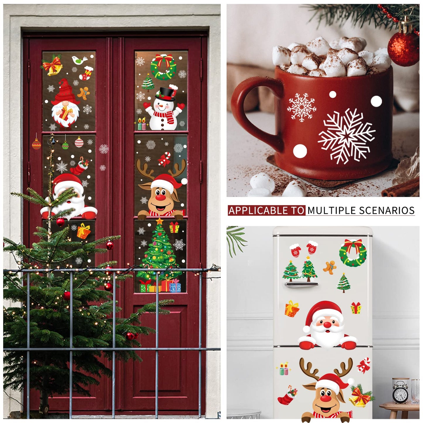 Christmas Window Clings 245pcs Christmas Decals Reusable Double Sided Printed Self Adhesive Window Decorations Santa Claus, Moose, Snowman,Socks,Dwarfs,Xmas Tree and Snowflakes Window Clings, 9 Sheet