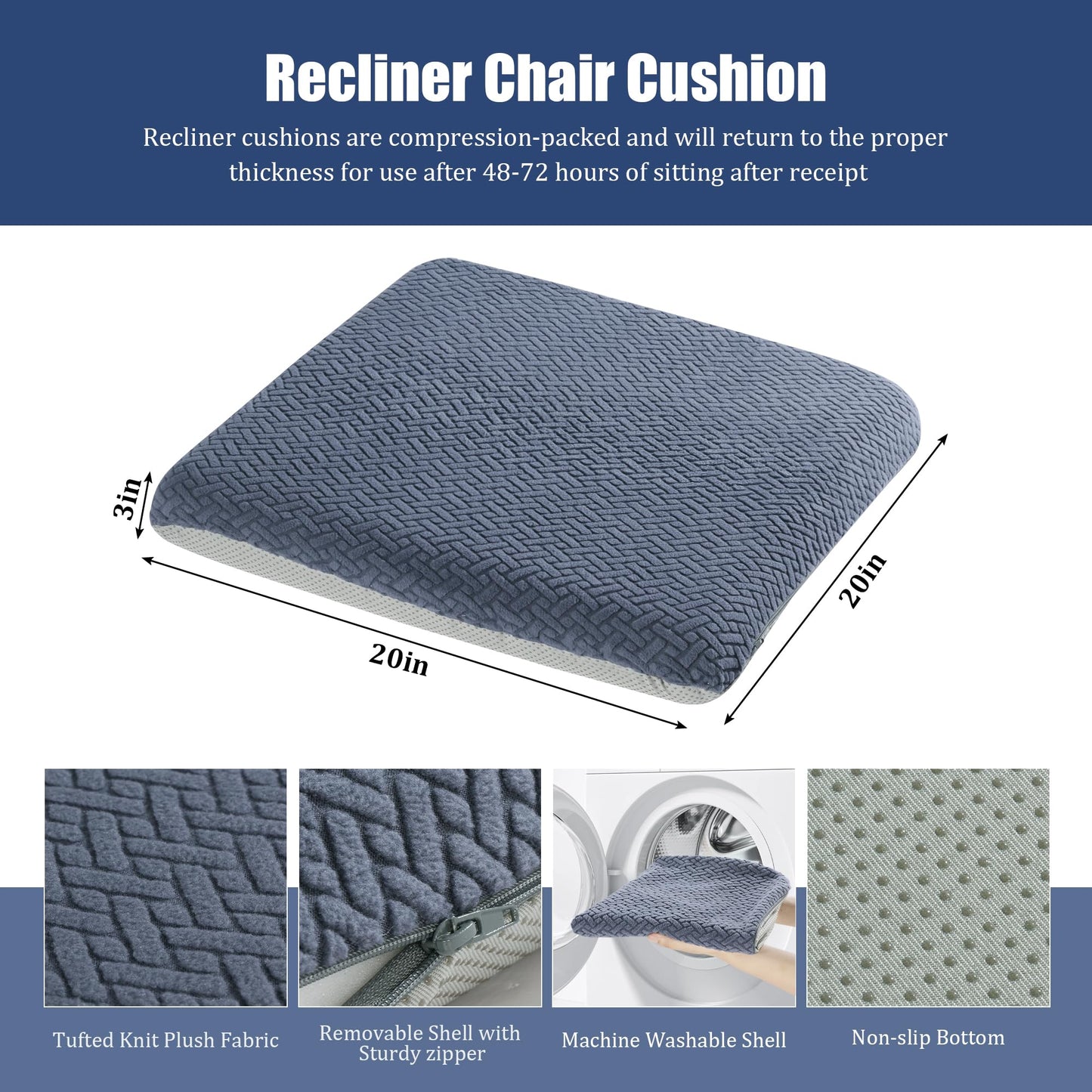 HOMBYS Tufted Furry Recliner Seat Cushion for Elderly Foam Curved Edge Large Square Seat Cushion for Recliner Chair, Floor Pillow, Office Chair, Car, No Pressure on Thighs(Grey)
