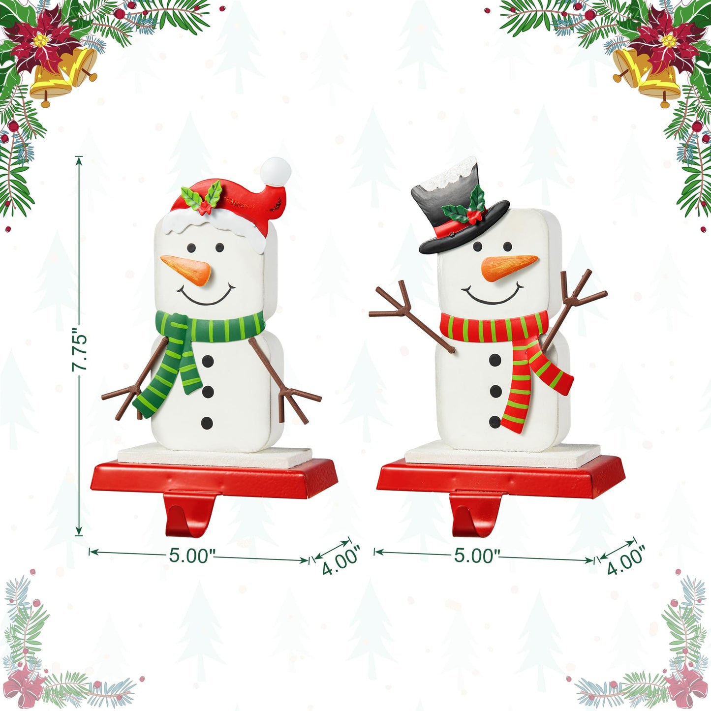Glitzhome Christmas Stocking Holders for Mantel, Set of 2 Snowman S'Mores Marshmallow Metal Hooks, Heavy Duty Fireplace Hangers for Indoor Holiday Decor