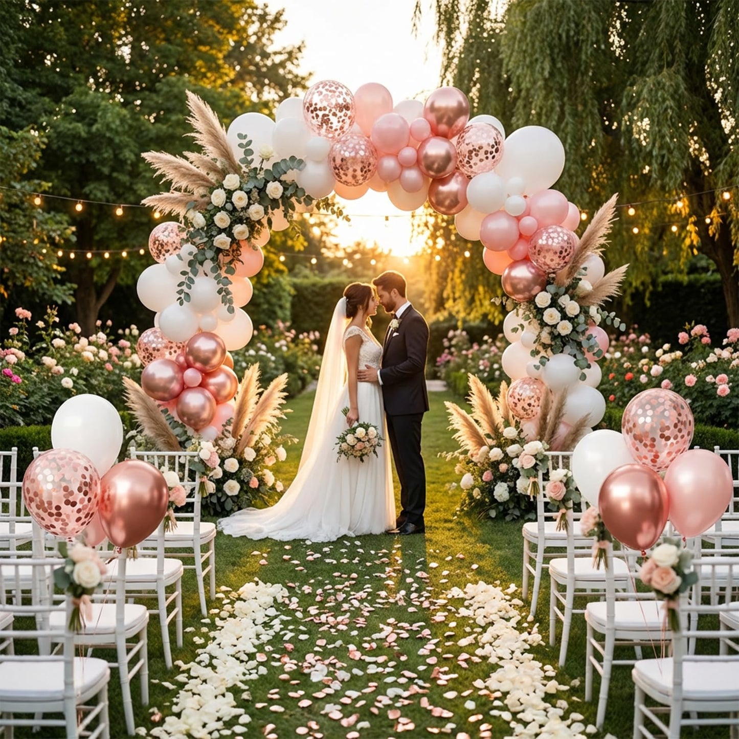 Hiquaty Rose Gold Balloons,60pcs Rose Gold and White Balloons 12 Inch,Rose Gold Ribbon for New Year Wedding Bridal Shower Party Decorations