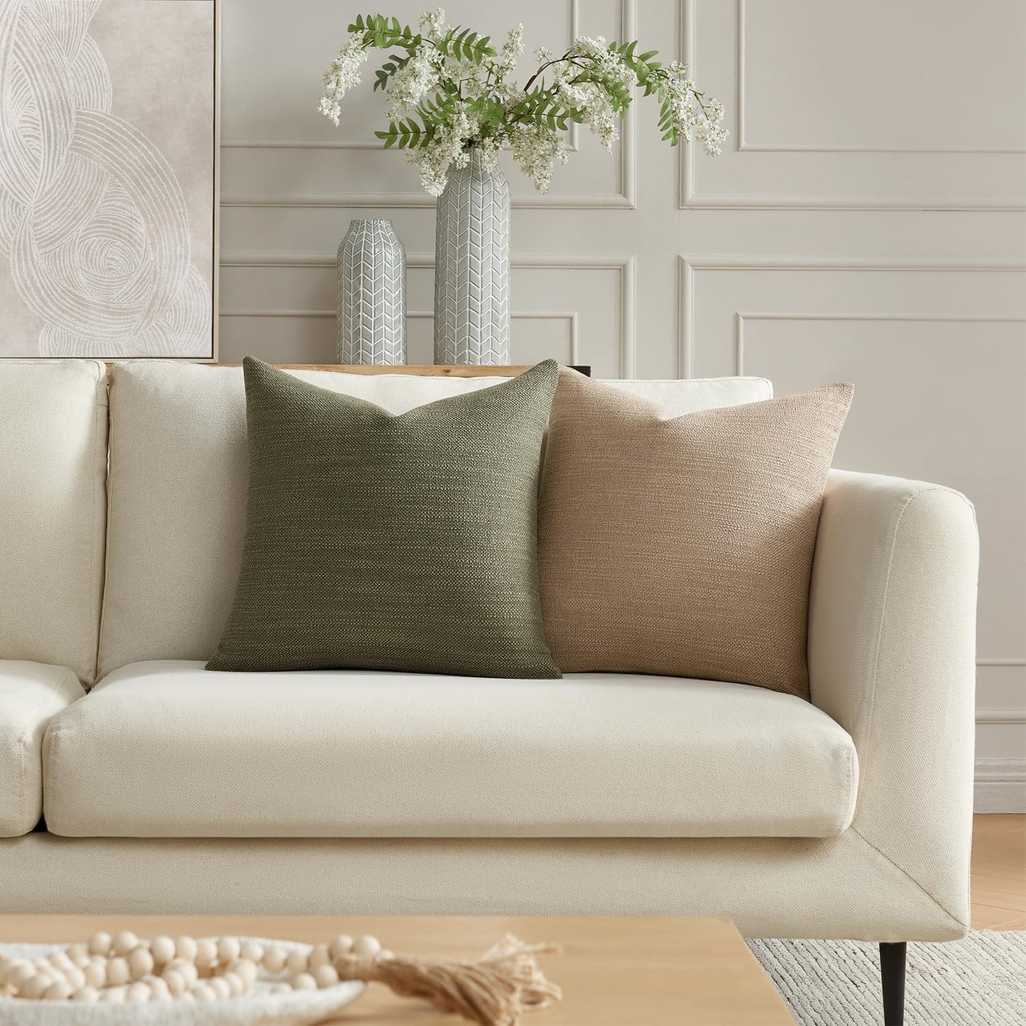 Meekio Set of 2 Linen Look Khaki Pillow Covers 18x18, Decorative Throw Pillow Covers for Couch, Sofa, Bed & Living Room Decor