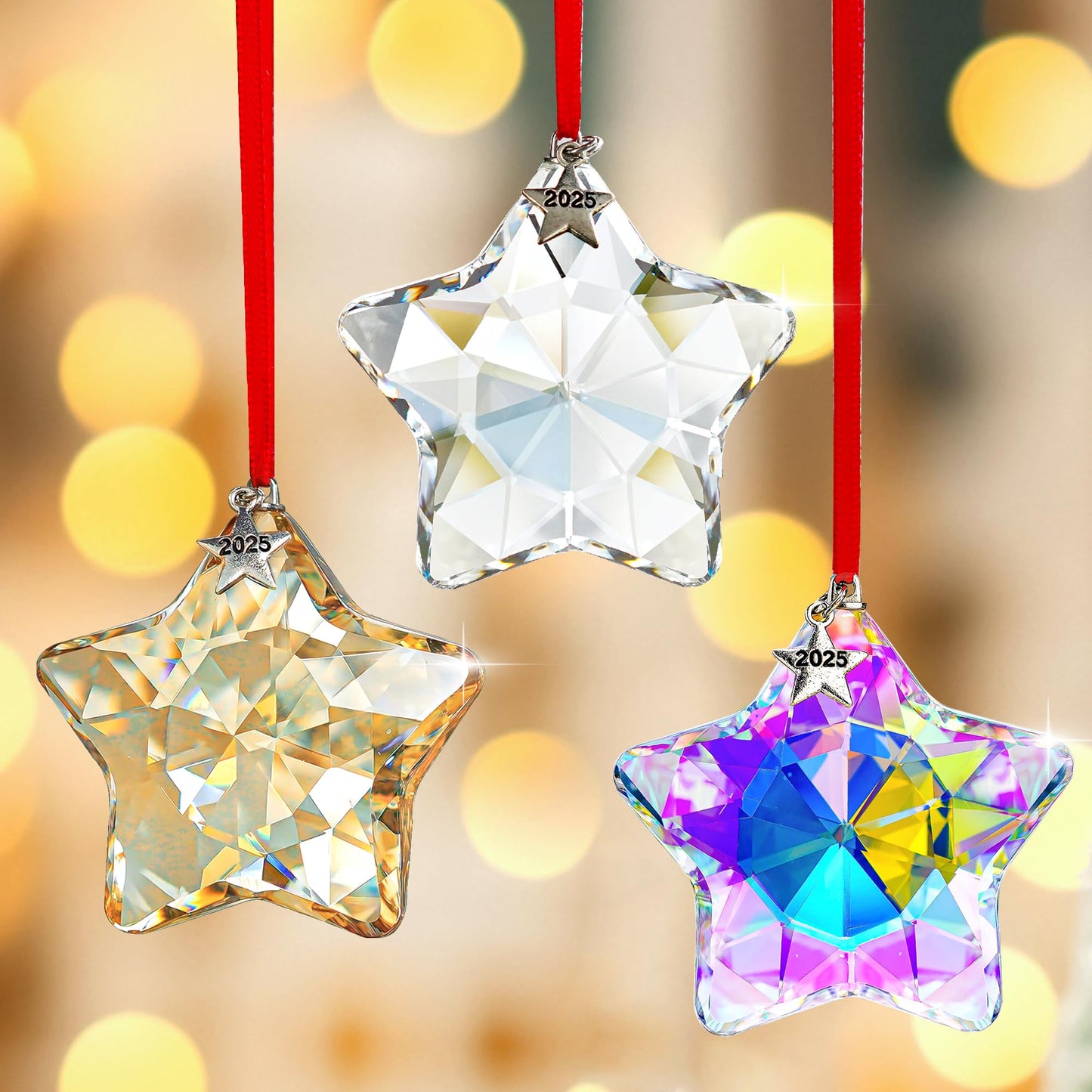 H&D HYALINE & DORA Glass Hanging Ornaments Crystal Star Set of 3 Star Christmas Tree Ornaments Crystal Sun Catcher Hanging for Christmas Party Decor