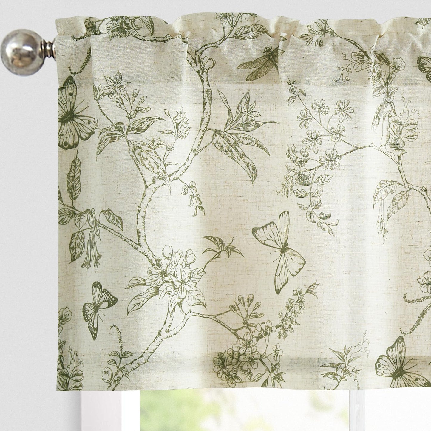 Lazzzy Green Floral Valance Curtain Linen Farmhouse Valance for Kitchen Living Room Bedroom Country Valances Window Treatments Small Window Cafe Curtain 16 Inch Rod Pocket 1 Panel Green on Beige